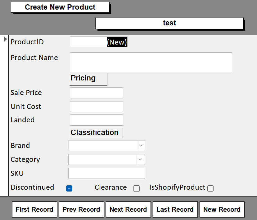 Create New Product screen