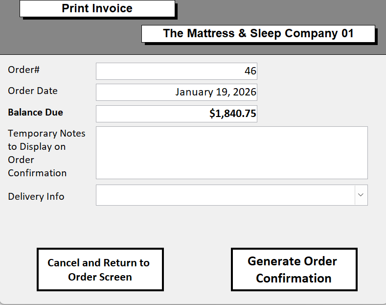 Print Invoice screen